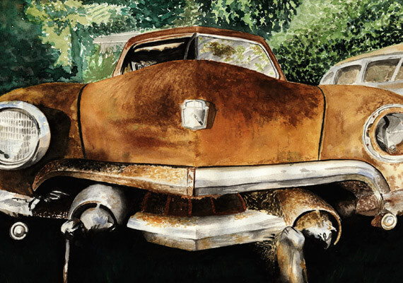 Aquarell eines rostigen 50er Jahre Buick auf einem Autofriedhof in Australien.